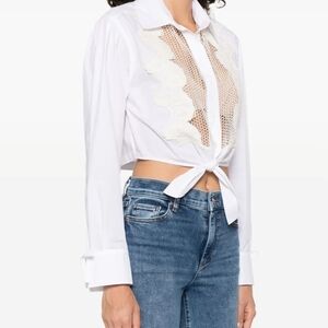 Sandro White Tie-Front Blouse with Lace Accents